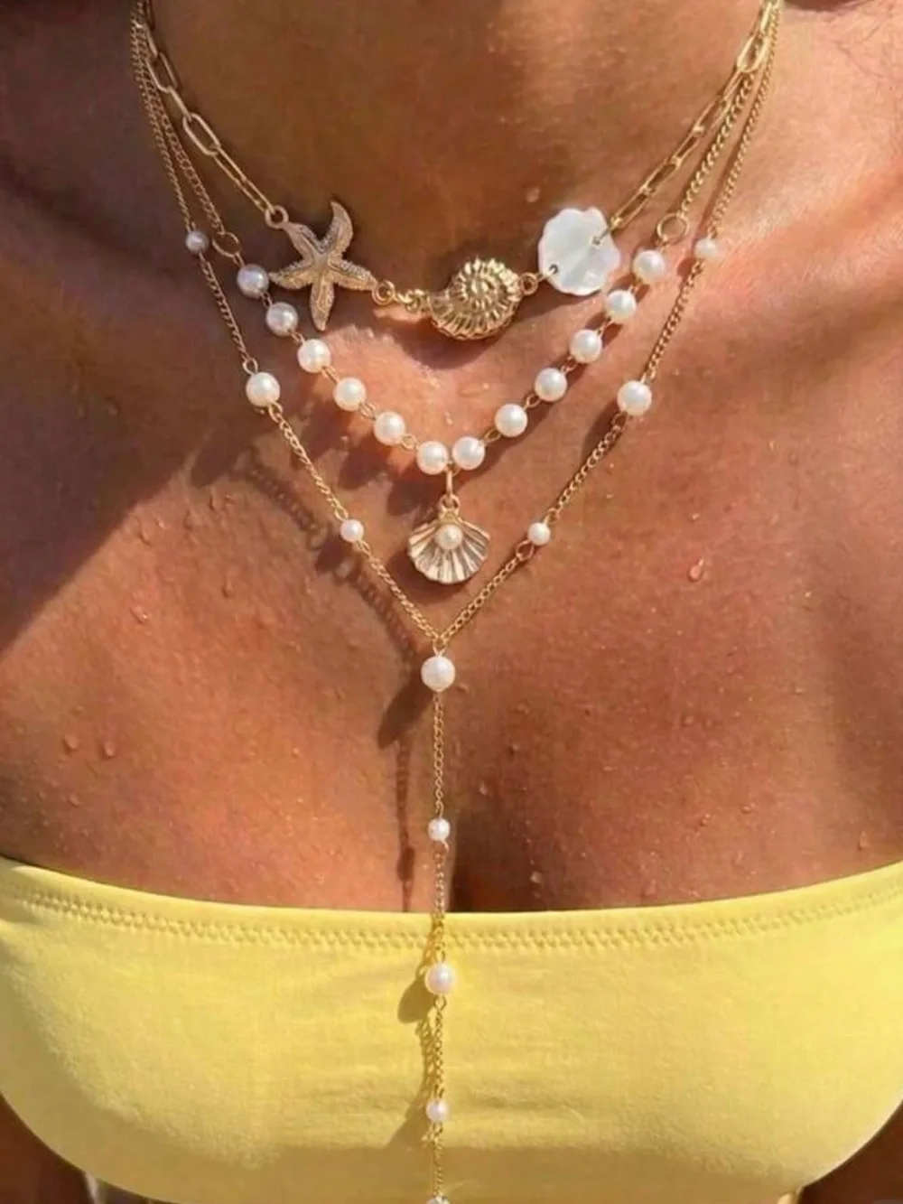 Gold Pearl Layered Seashell & Starfish Necklace – Coastal Vacation Jewelry